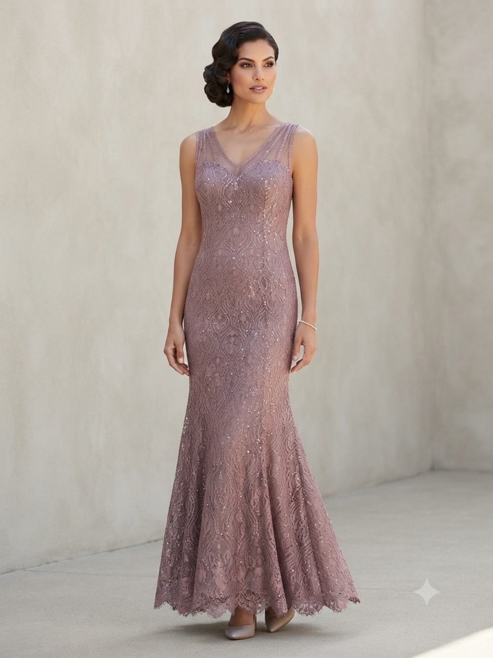R&M Richards Mauve Sequin Lace Mermaid Evening Gown Size 8